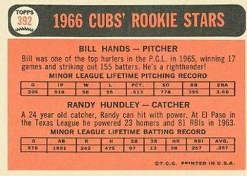 1966 Topps #392 Cubs 1966 Rookie Stars (Bill Hands / Randy Hundley) Back
