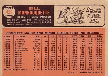 1966 Topps #429 Bill Monbouquette Back