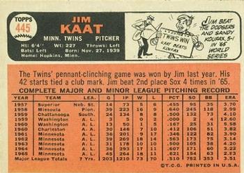 1966 Topps #445 Jim Kaat Back
