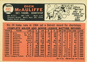 1966 Topps #495 Dick McAuliffe Back