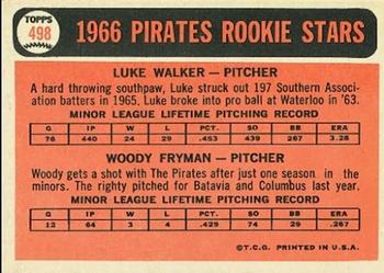 1966 Topps #498 Pirates 1966 Rookie Stars (Luke Walker / Woody Fryman) Back