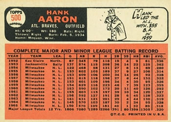 1966 Topps #500 Hank Aaron Back