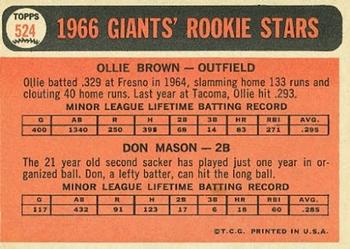 1966 Topps #524 Giants 1966 Rookie Stars (Ollie Brown / Don Mason) Back