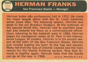1966 Topps #537 Herman Franks Back