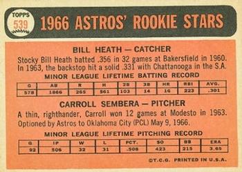 1966 Topps #539 Astros 1966 Rookie Stars (Bill Heath / Carroll Sembera) Back