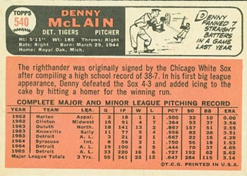 1966 Topps #540 Denny McLain Back