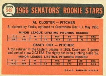 1966 Topps #549 Senators 1966 Rookie Stars (Al Closter / Casey Cox) Back