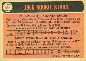 1966 Topps #553 1966 Rookie Stars (Pat Garrett / Jackie Warner) Back