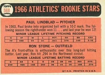 1966 Topps #568 Athletics 1966 Rookie Stars (Paul Lindblad / Ron Stone) Back