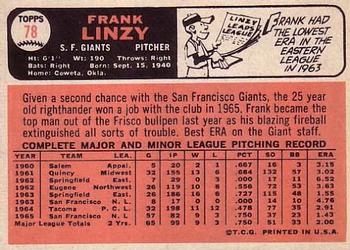 1966 Topps #78 Frank Linzy Back