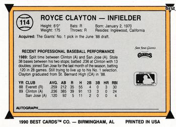 1990 Best #114 Royce Clayton Back