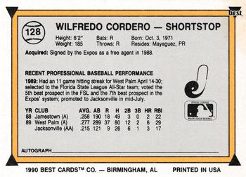 1990 Best #128 Wilfredo Cordero Back