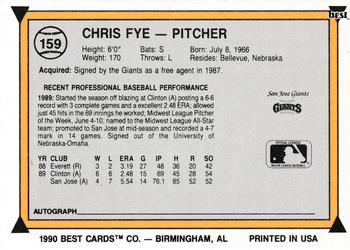 1990 Best #159 Chris Fye Back