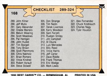 1990 Best #168 Checklist: 289-324 Back