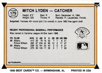 1990 Best #179 Mitch Lyden Back