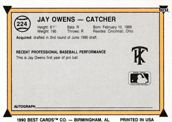 1990 Best #224 Jay Owens Back