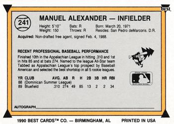 1990 Best #241 Manny Alexander Back