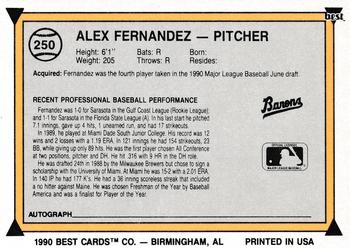 1990 Best #250 Alex Fernandez Back