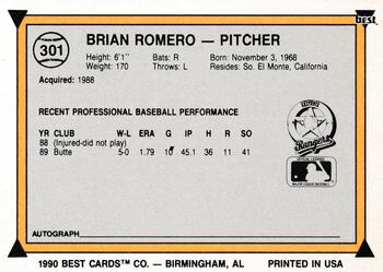 1990 Best #301 Brian Romero Back