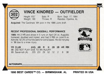 1990 Best #302 Vince Kindred Back