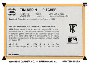 1990 Best #306 Tim Nedin Back
