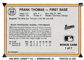 1990 Best #318 Frank Thomas Back