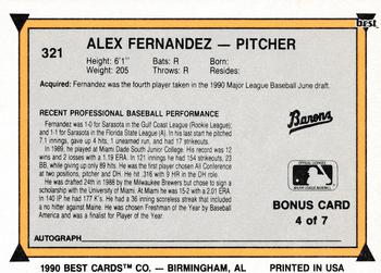 1990 Best #321 Alex Fernandez Back