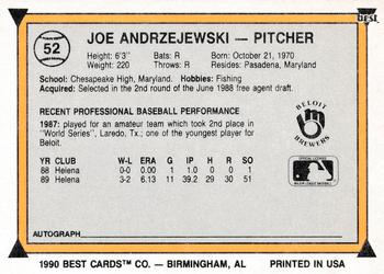 1990 Best #52 Joe Andrzejewski Back