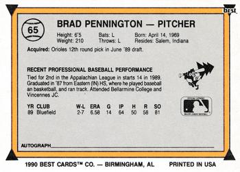 1990 Best #65 Brad Pennington Back