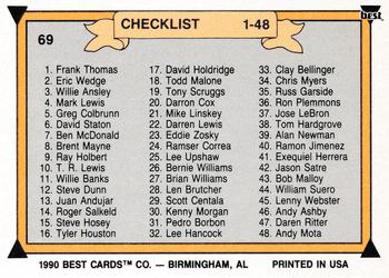 1990 Best #69 Checklist: 1-48 Back