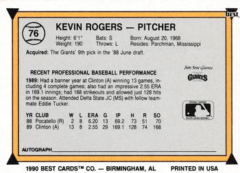1990 Best #76 Kevin Rogers Back