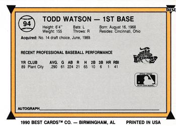 1990 Best #94 Todd Watson Back