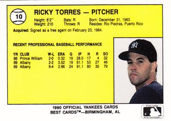 1990 Best Albany-Colonie Yankees #10 Ricky Torres  Back