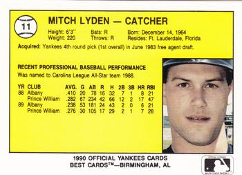 1990 Best Albany-Colonie Yankees #11 Mitch Lyden  Back