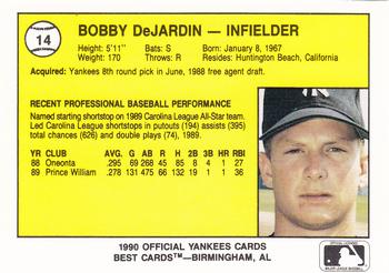1990 Best Albany-Colonie Yankees #14 Bobby DeJardin  Back