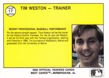 1990 Best Albany-Colonie Yankees #17 Tim Weston  Back