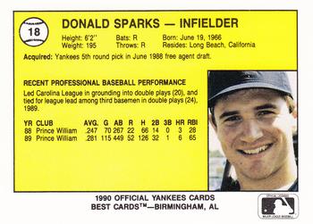 1990 Best Albany-Colonie Yankees #18 Donald Sparks  Back