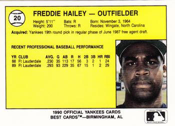 1990 Best Albany-Colonie Yankees #20 Freddie Hailey  Back