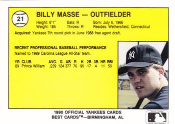 1990 Best Albany-Colonie Yankees #21 Billy Masse  Back