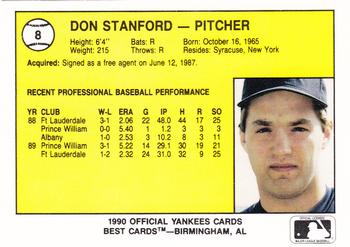 1990 Best Albany-Colonie Yankees #8 Don Stanford  Back