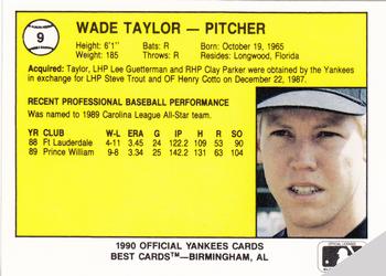 1990 Best Albany-Colonie Yankees #9 Wade Taylor  Back