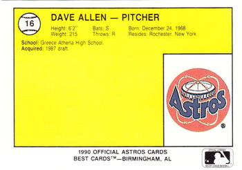 1990 Best Auburn Astros #16 Dave Allen  Back