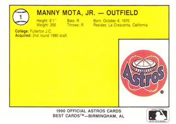 1990 Best Auburn Astros #1 Manny Mota Jr.  Back