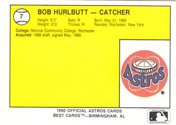 1990 Best Auburn Astros #7 Bob Hurlbutt  Back