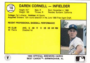 1990 Best Beloit Brewers #16 Daren Cornell  Back