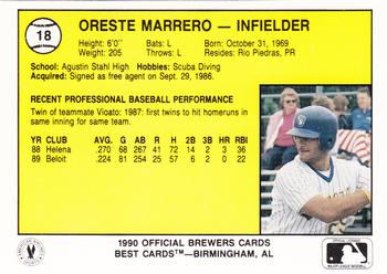 1990 Best Beloit Brewers #18 Oreste Marrero  Back