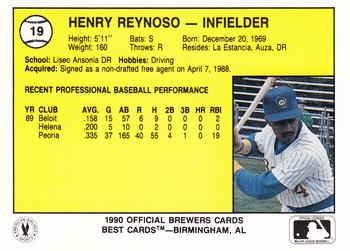 1990 Best Beloit Brewers #19 Henry Reynoso  Back