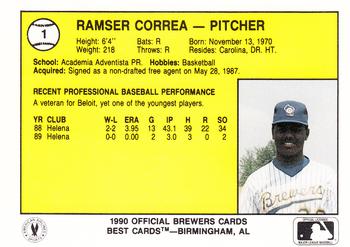 1990 Best Beloit Brewers #1 Ramser Correa  Back