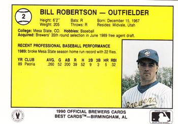 1990 Best Beloit Brewers #2 Bill Robertson  Back