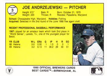 1990 Best Beloit Brewers #3 Joe Andrzejewski  Back